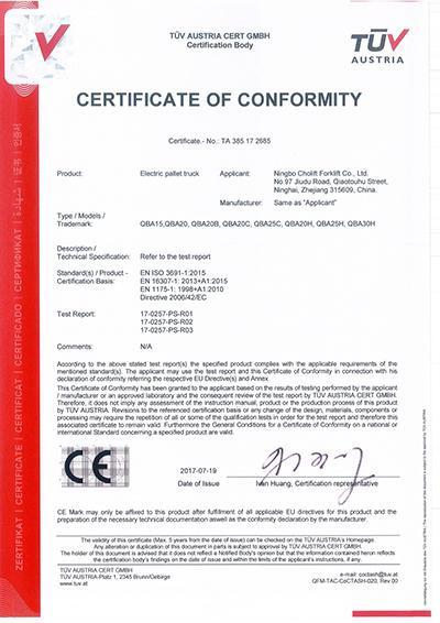 TUV certification of pallet truck